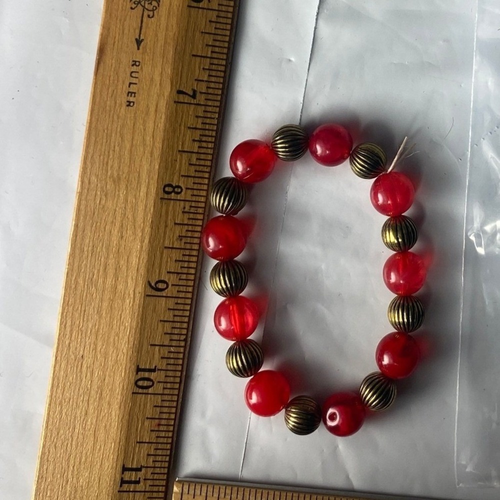Red Beaded Stretch Bracelet with‎ Gold Tone Accent Beads Women's Jewelry